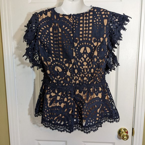 For Her NYC Navy Crochet Floral V Neckline Cap Sleeve Peplum Style Blouse - XL - Picture 6 of 13